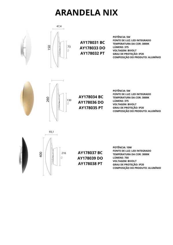 Arandela LED 10W 3000K Bivolt Dourada AY178039 40cm Nix - Imagem 3