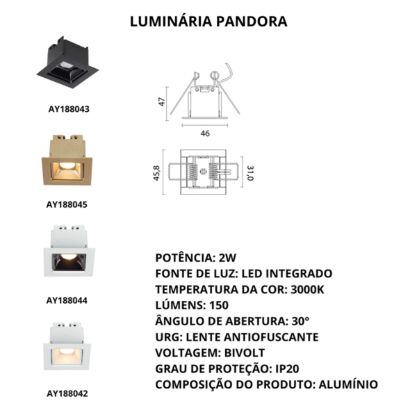 Luminária de Embutir LED Pandora AY188045 2W 3000K Dourada - Imagem 3