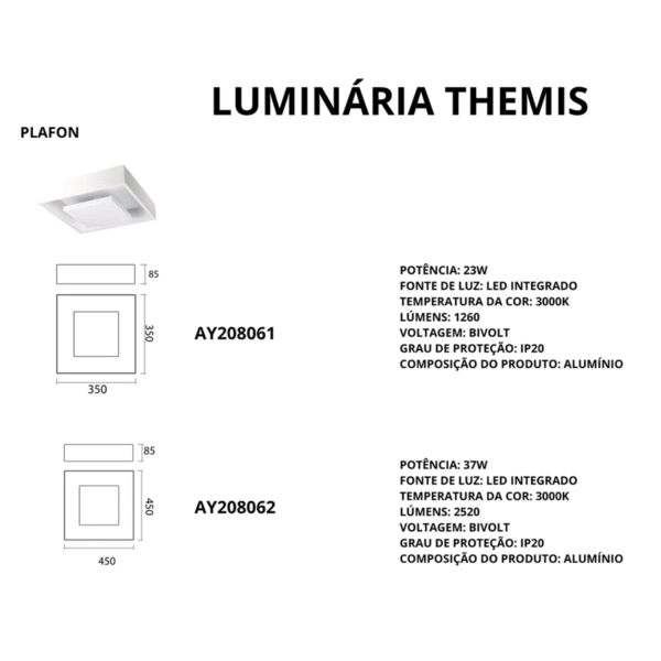 Luminária de Embutir LED Themis AY208062 23W 3000K 40x40cm Branca - Imagem 4