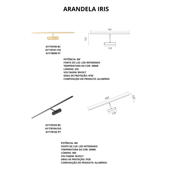 Arandela Iris LED 3W 3000K Bivolt Dourada 43cm - Imagem 3
