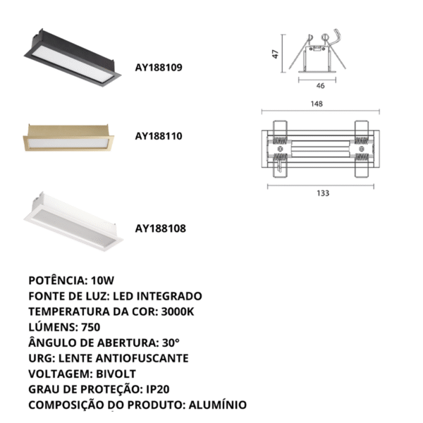 Luminária de Embutir LED Pandora AY188108 10W 3000K Retangular Branca - Imagem 3