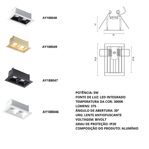 Luminária de Embutir LED Pandora AY188046 4W 3000K Retangular Branca - Imagem 3