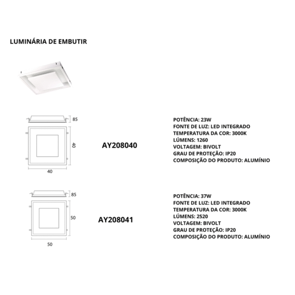 Luminária de Embutir LED Themis AY208040 23W 3000K 40x40cm Branca - Imagem 4